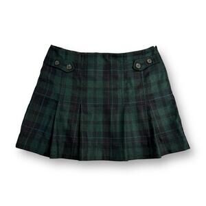 GAP Mini Skirt Womens 12 Forest Green Navy Plaid Pleated Wool
